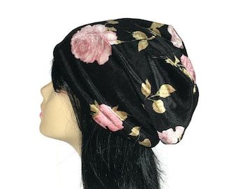 Black Velvet Slouchy Beanie Black and Pink Floral Slouchy Hat Boho Velvet Floral Hat Custom Size Chemo Hat Black Velvet Hat for Hair Loss