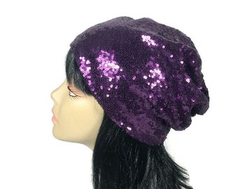 Purple Sequin Hat Purple Sequin Slouchy Beanie Sequin Hats Zoom Accessories Lined Sequin Hats Purple Slouchy Beanie Glam Hats for Hair Loss