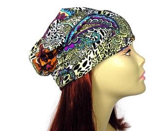 Paisley Print Silky Lycra Slouchy Beanie Reversible Slouchy Beanie Bohemian Beanie Black Beanie Light Weight Slouch Hat Womans Slouchy Hat