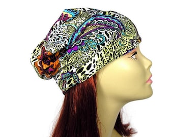 Paisley Print Silky Lycra Slouchy Beanie Reversible Slouchy Beanie Bohemian Beanie Black Beanie Light Weight Slouch Hat Womans Slouchy Hat