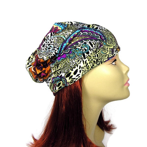 Paisley Print Silky Lycra Slouchy Beanie Wendbare Slouchy Beanie Boho Beanie Schwarze Beanie Leichte Slouch Hat Womans Slouchy Hat