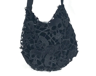 Goth Skull Hobo Bag Embroidered Skulls Black Velvet Goth Shoulder Bag Black Velvet Skull Crossbody Bag Skull Handbag Gothic Black Handbag
