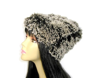 Faux Fur Hat Brown and White Vegan Fur Hat Faux Fur Beanie Faux Fur Slouch Hat Womens Brown Hats Winter Hats Ski Slouch Beanies Fur Beanie