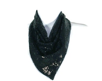 Black Sequin Bandanna Sequin Neckerchief Black Bandanas Women Black Sequin Kerchief Sequin Scarves Black Sequin Scarf Sequin Women's Ascots