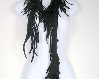 Black Fringe Scarf Black Skinny Scarf Boho Cotton Scarf Fringe Scarves String Scarves Narrow T Shirt Scarf T Shirt Scarves Black Fringe