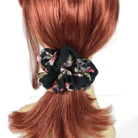 Black Floral Chiffon Scrunchie Messy Bun Hair Tie Elastic Etsy