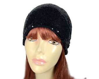 Sequin Beanie Black Sequin Hat Black Sequin Skullcap Sequin Toque Sequin Hat for Hair Loss Glam Sequin Hat 20's Hat Sequin Accessories