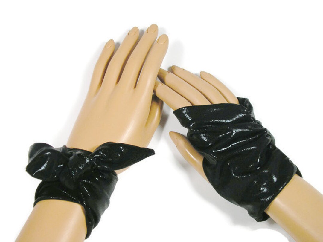 Black Faux Leather Fingerless Glove Cuff Set Edgy Vegan Fingerless