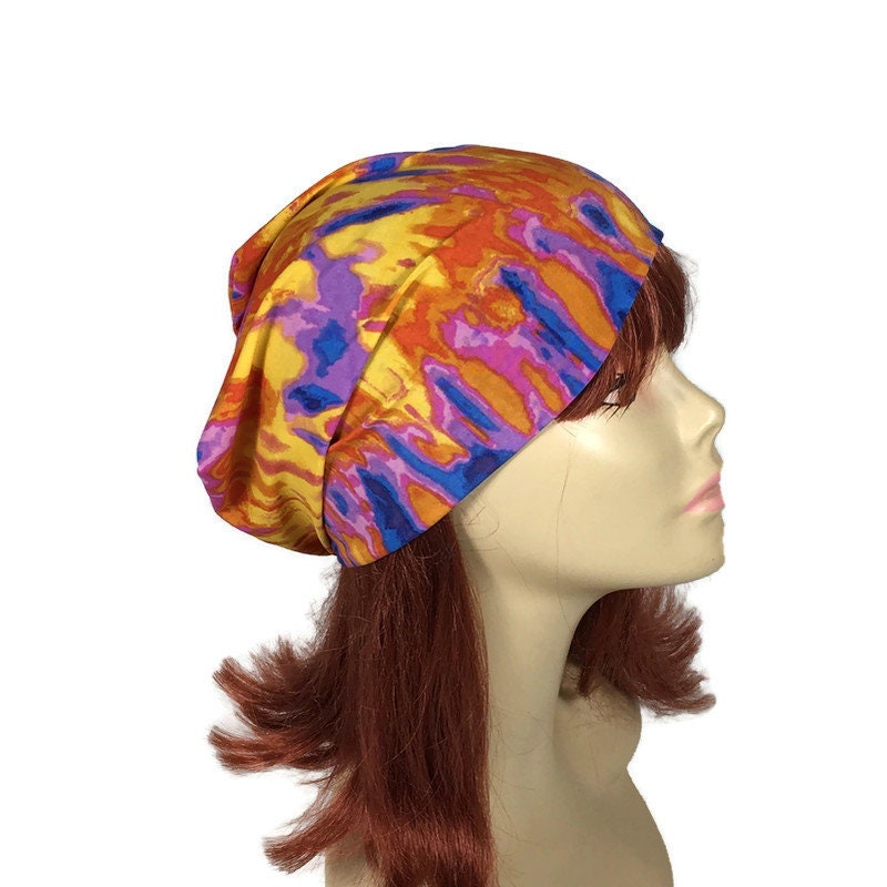 Soft Silky Tie Dye Lycra Slouchy Beanie Summer Hats Tie Dye Beanies Boho Lightweight Hats for Spring and Summer CUSTOM SIZES Reversible Hats