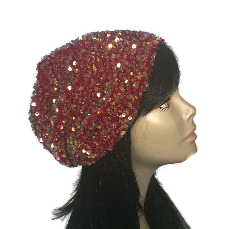 Red Velvet Gold Sequined Hat Dark Red 