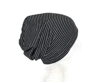 Lightweight Jersey Beanie Men's Black and White Striped Slouchy Beanie Unisex Beanie Striped Slouch Hat Women CUSTOM SIZE/Lining All Seasons