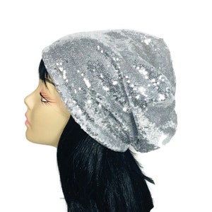 Sequin Slouchy Beanie Silver Sequin Slouch Hat Glam Hats for Hair Loss Silver Hats Beanies Sequin Beanies Sparkle Hat 20's Hats CUSTOM SIZE