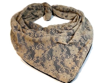 Taupe Lace Bandana Lace Bandanas Champagne and Black Bandana Camel Bandanna Khaki Bandana Lace Scarves Lace Headscarves Brown Headwraps Lace