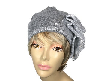 Cappello su misura, turbante con paillettes argento, berretto largo, cappello glamour per la caduta dei capelli, cappello largo scintillante, cappello chemio, turbante con paillettes boho, turbante argento