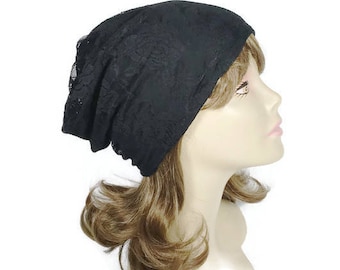 Black Lace Slouchy Hat Lined for All Seasons Reversible Black Lace Slouchy Beanie Black Lace Chemo Turban FREE SHIPPING/Custom Size/Lining