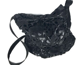 Skull Gothic Handbag Black Skull Lace Embroidery Shoulder Bag Crossbody Black Faux Leather Vegan Handbag Skull Knit Accessories  Goth Purse