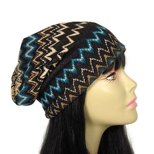Aztec Sweater Knit Brown Slouchy Beanie Mens Slouchy Beanies Reversible Knit Beanies Brown Cotton Beanie Tribal Print Beanie  Boho Beanie