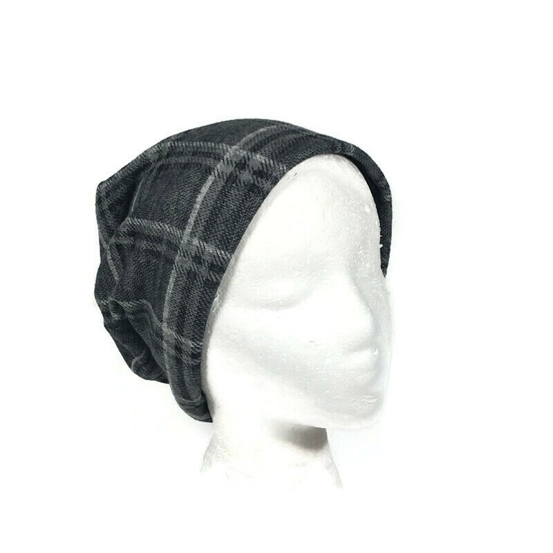 PLUSH GREY BIG PLAID SLOUCHY HAT WITHMOONS Plaid Check Pattern Ear Flap Cap Trapper Hat  main image 2