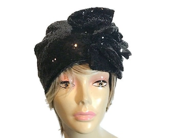 TAGLIE PERSONALIZZATE/Cappello con fodera nera in paillettes, berretto largo in paillettes, cappello flapper glamour in paillettes, cappello largo scintillante, cappello nero in paillettes, cappello per la caduta dei capelli