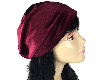 Burgundy Velvet Slouchy Beanie Wine Color Velvet Hat Velvet Beanies Burgundy Velvet Slouch Hat Soft Hats for Hair Loss CUSTOM Size &  Lining