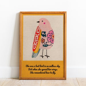 Impresión de pájaro vintage - Póster con citas de pájaros - Arte mural de pájaros coloridos - Citas motivacionales para la pared