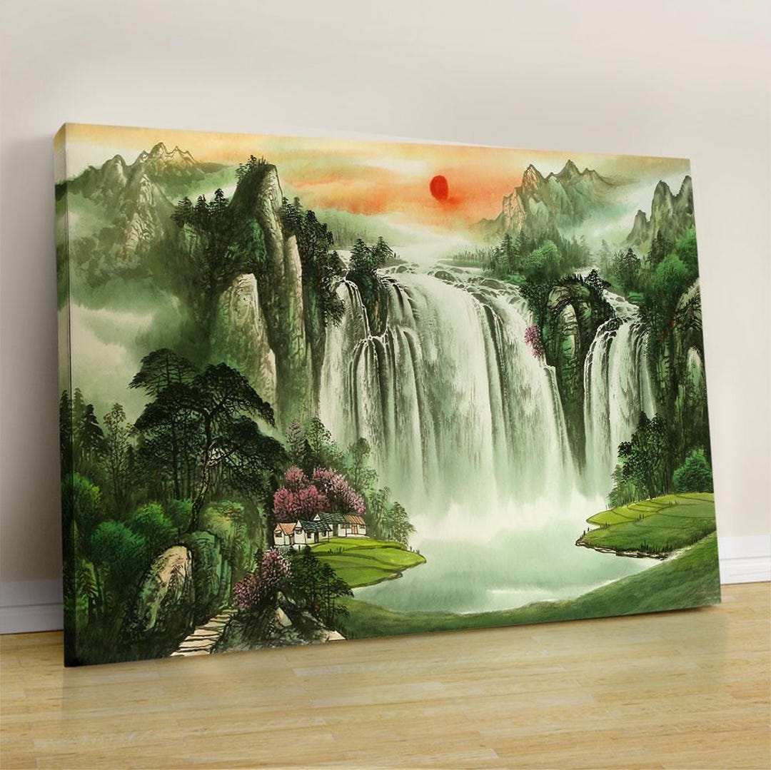 Japanese Waterfall Canvas Print: Green Landscape Wall Art - Etsy