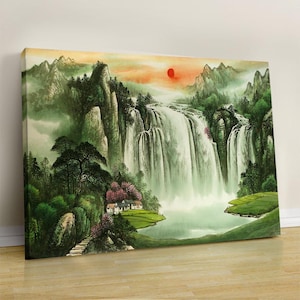 Japanese Waterfall Canvas Print: Green Landscape Wall Art