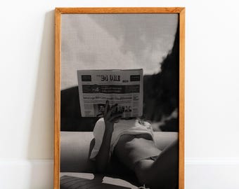 Woman Reading Newspaper Print: Black and White Beach Photography