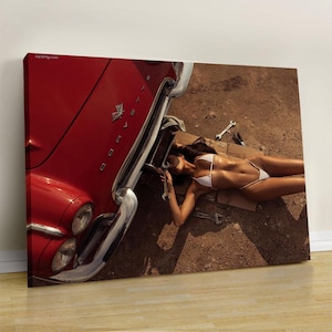 Retro-Inspired Mechanic Woman Print, Vibrant Red Car Fashion Photography, Fashion Wall decor, Perfect for Man Cave, Enthusiast Decor