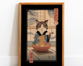 Noodle Cat Art Print: Japanese Ukiyo-e Style Kitchen Decor