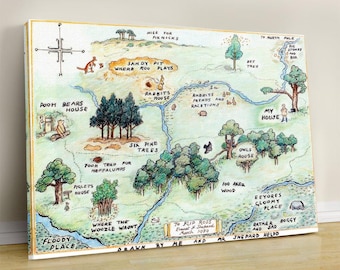 May include: A canvas print of a whimsical map featuring illustrations of a bear's house, rabbit's house, and other landmarks. The map includes text such as "Sandy Pit Where Roo Plays" and "100 Aker Wood." The artwork is in soft colors.