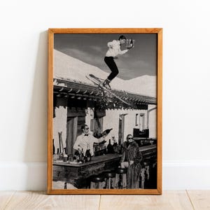 Czarno-biały plakat narciarski, plakat Apres Ski do wózka barowego, plakat narciarski w stylu vintage, wydruk narciarski w stylu retro, plakat narciarski w stylu retro, wydruk narciarski w stylu vintage
