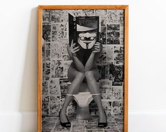 Feminist Girl on Toilet Print: Monochrome Bathroom Wall Art, Ready to Hang