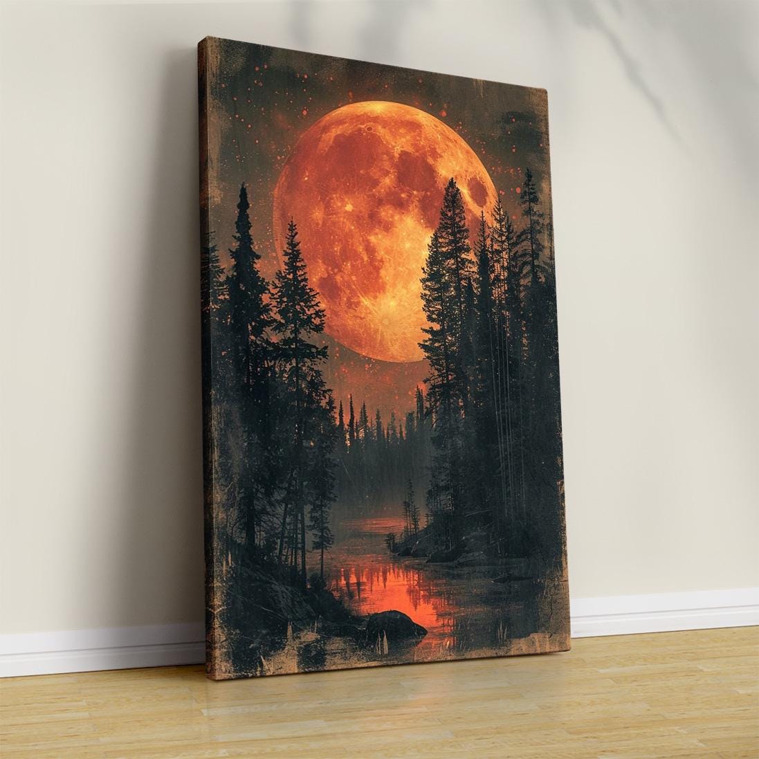 Full Moon Pine Forest Canvas Print: Vintage Landscape Wall Art - Etsy