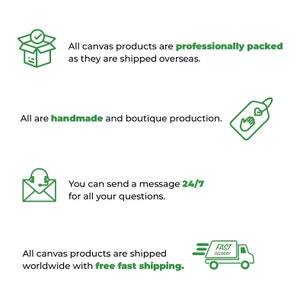 May include: White background with green icons and text. The text states that canvas products are professionally packed, handmade, and shipped worldwide. It also mentions 24/7 customer service.