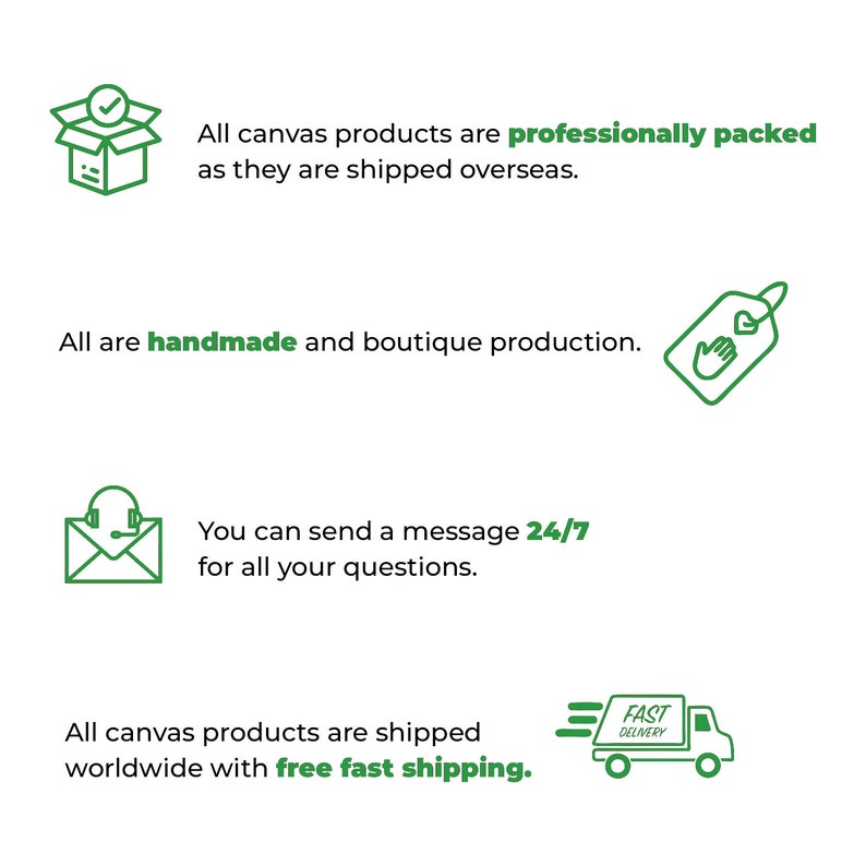 May include: White background with green icons and text. The text states that canvas products are professionally packed, handmade, and shipped worldwide. It also mentions 24/7 customer service.
