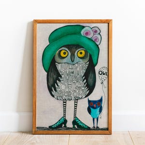 Golden Owl Art Print, Whimsical Home Decor, Gift For Mom, Kitchen, Mother Owl and Baby Owl Poster, House Warming, Birthday Gifts