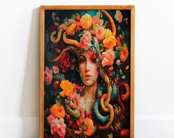 Arte de lienzo con grafiti de Medusa: decoración de pared de mitología griega