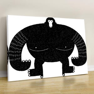 May include: Black and white illustration of a large, stylized ape-like figure. The figure has a round body, large arms, and small feet. The artwork is on a white canvas, creating a striking contrast. The style is minimalist and graphic.