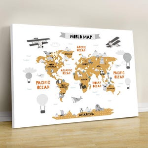 Mapa del mundo educativo neutral, arte mural infantil bohemio, mapa del mundo infantil, lámina de viaje para decoración de enfermería, decoración del hogar con mapa del mundo