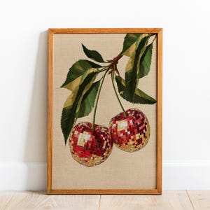Retro Cherries Disco Ball, Wall Art Poster, Disco Ball Red Cherries, Funky Food Home Decor, Mirror Ball Bar Cart Poster, Fruit Ball Wall Art