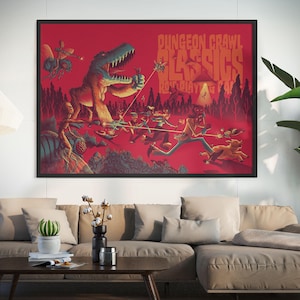 May include: A framed poster with a red background features a fantasy scene with a dinosaur, figures running, and the text "Dungeon Crawl Classics Role Playing Game." The artwork has a vintage, comic book style with vibrant colors and detailed illustrations.