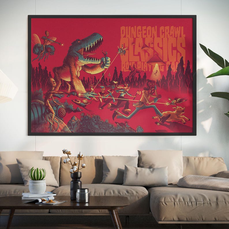 May include: A framed poster with a red background features a fantasy scene with a dinosaur, figures running, and the text "Dungeon Crawl Classics Role Playing Game." The artwork has a vintage, comic book style with vibrant colors and detailed illustrations.
