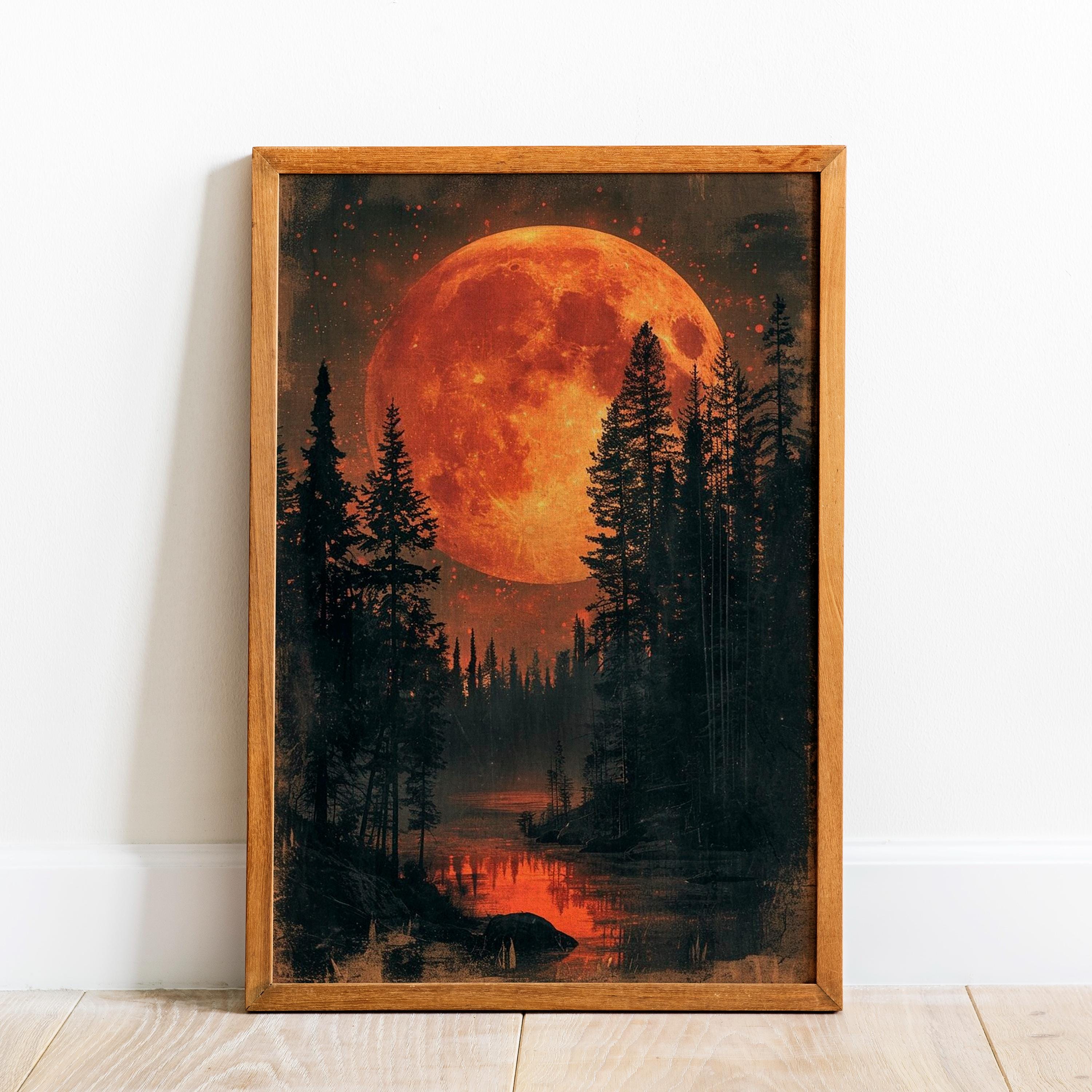 Full Moon Pine Forest Canvas Print: Vintage Landscape Wall Art - Etsy