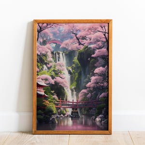 Japanese Waterfall Canvas Art: Green & Purple Landscape Print