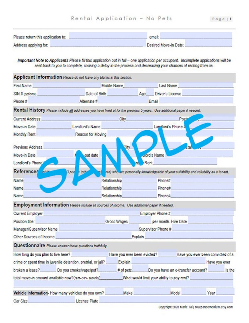 No Rental Form.pdf PDF Rental Application Form (no Pets, No Smoking) - Etsy