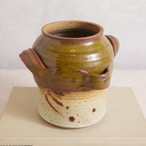 May include: A handmade ceramic jar with a wide opening and two side handles. The jar has a speckled beige base and transitions to a brown and olive green glazed top. The jar is sitting on a book titled "Hummingbirds of North America".