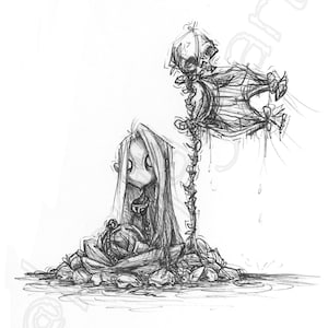 May include: A black and white sketch of a seated figure with long hair, holding a small object. Above, a skeletal figure is suspended. The artwork has a gothic or fantasy theme, with detailed linework and a somber mood.