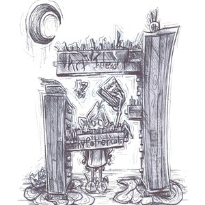 Puede incluir: Un boceto en blanco y negro de una escena caprichosa. Una figura se encuentra entre dos estructuras altas, con el texto "Hypotheticals" en un letrero. Arriba, un letrero dice "Art Ideas". Una luna creciente está en la parte superior izquierda.