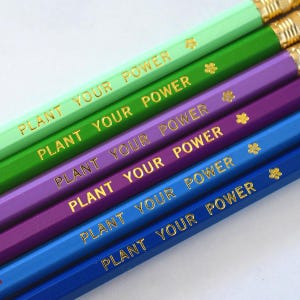 Puede incluir: Una colección de seis lápices en tonos verdes, morados y azules. Cada lápiz tiene la inscripción dorada "PLANT YOUR POWER". Los lápices tienen bandas metálicas doradas y gomas de borrar rosas.